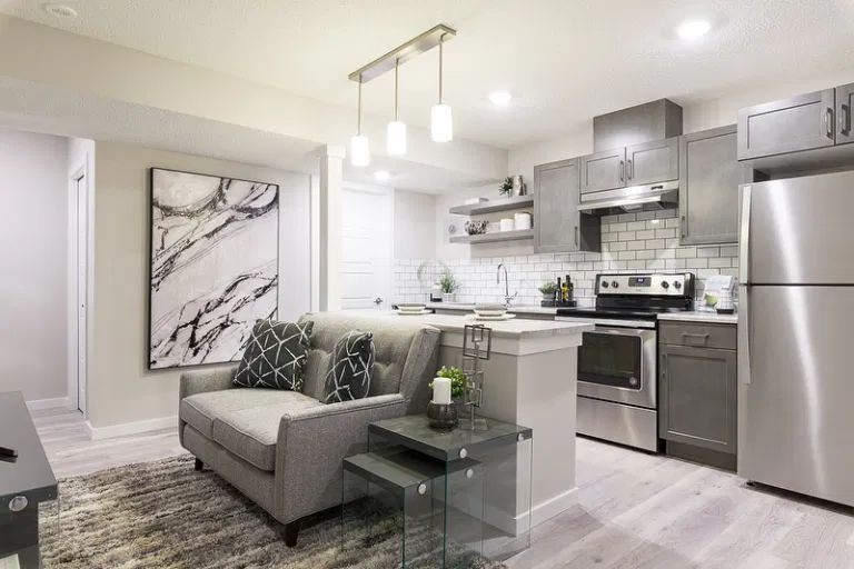 Modern open-concept basement suite with grey tones and kitchen island